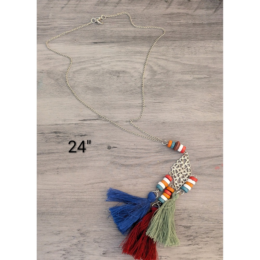 Boho Silver‎ Tone Multi Tassel Bead Necklace Colorful Thread Fringe 24 Inch